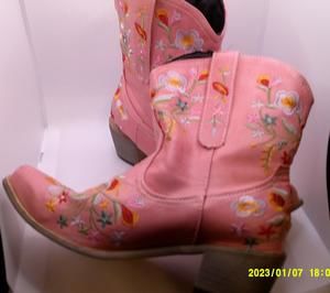 Floral Square Heels Slip On Cute Boots Long Square Toe Boots Pink Size 6.5